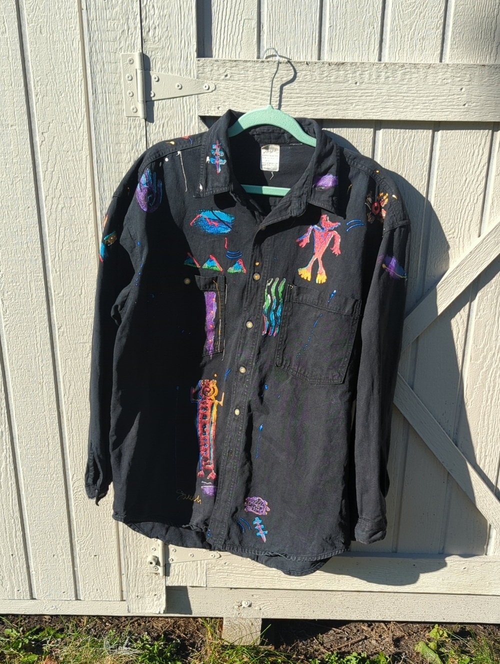 Black Painted Button-Down Shirt with Colorful Artwork